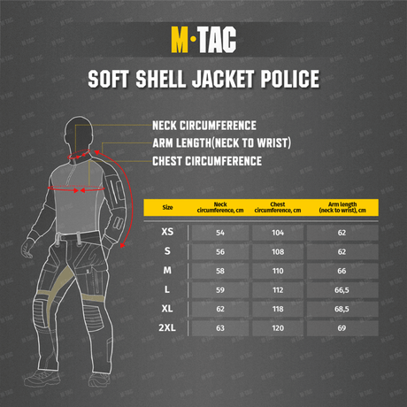 Størrelsesguide for M-Tac Soft Shell Police Jakke med mål for hals, bryst og armlængde i cm, fra XS til 2XL.