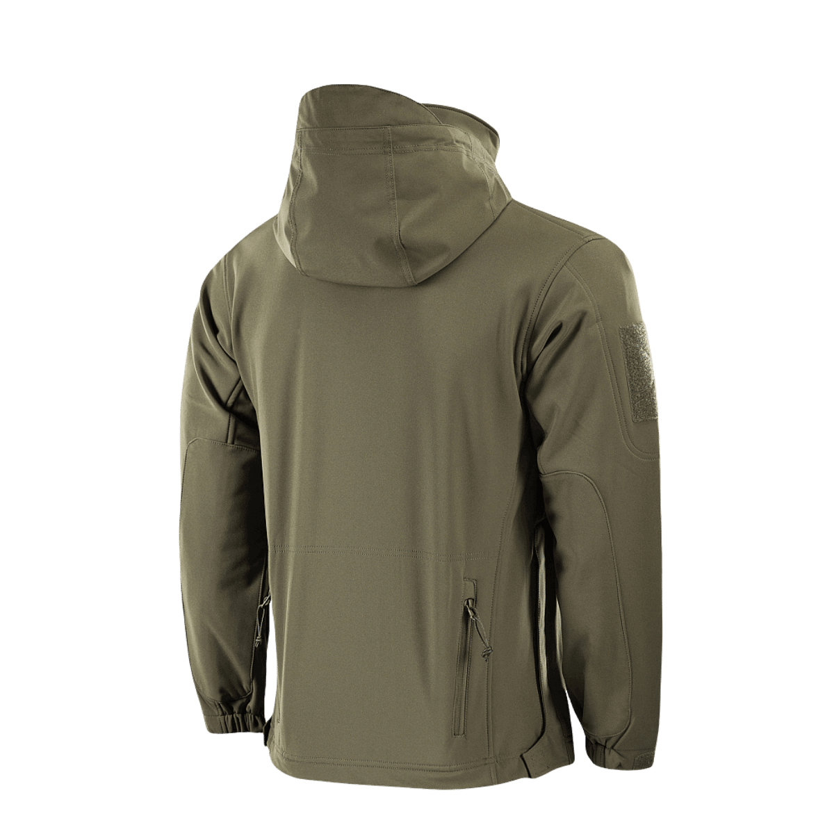 M-Tac Soft Shell Police Jakke i olivengrøn med hætte foldet ind i kraven, fleece-indre og justerbare identifikationspaneler. Vejrbestandig design.