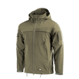M-Tac Soft Shell Police Jakke i olivengrøn farve, designet med justerbar hætte og identifikationspaneler til politibrug