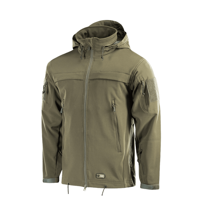M-Tac Soft Shell Police Jakke i olivengrøn farve, designet med justerbar hætte og identifikationspaneler til politibrug