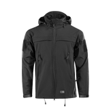 M-Tac Soft Shell Police Jakke i sort med justerbar hætte, indre polyuretan-membran og taktiske paneler til professionelt brug.