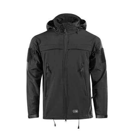 M-Tac Soft Shell Police Jakke i sort med justerbar hætte, indre polyuretan-membran og taktiske paneler til professionelt brug.