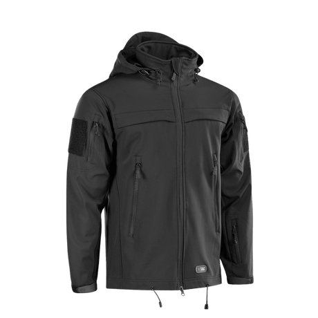 M-Tac Soft Shell Police Jakke med justerbar hætte og vindbeskyttende polyuretan-membran, sort