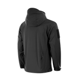 M-Tac Soft Shell Police Jakke med justerbar hætte og identifikationspaneler, set fra bagsiden.