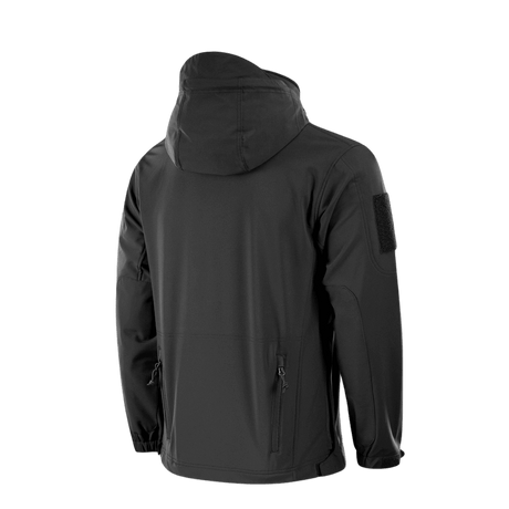 M-Tac Soft Shell Police Jakke med justerbar hætte og identifikationspaneler, set fra bagsiden.
