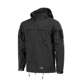 M-Tac Soft Shell Police Jakke med justerbar hætte og identificerbare paneler, designet til beskyttelse mod vind og vejr.