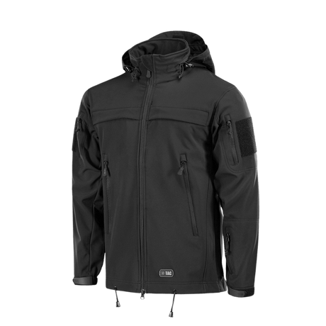 M-Tac Soft Shell Police Jakke med justerbar hætte og identificerbare paneler, designet til beskyttelse mod vind og vejr.