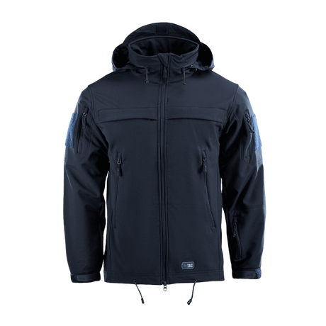 M-Tac Soft Shell Police Jakke med justerbar hætte og fleece-lag, designet til vind- og vejrmotstand med skjulte identifikationspaneler.