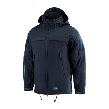 M-Tac Soft Shell Police Jakke med polyuretan-membran og fleece-lag, dynamisk snit, justerbar hætte og identifikationspaneler, sort