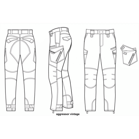Tegning af M-Tac Bukser Aggressor Vintage med stilfuldt og slidstærkt design lavet af bomuldsstof til komfort og fleksibilitet.