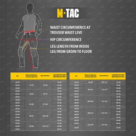 Størrelsesguide for M-Tac Bukser Aggressor Vintage med målemetoder for talje, hofter og benlængde.