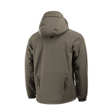 M-Tac Soft Shell Jakke med Liner set bagfra, viser hætte og lynlåslommer, lavet af vejrbeskyttende materiale med aftagelig fleecefor.