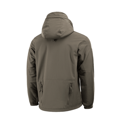M-Tac Soft Shell Jakke med Liner set bagfra, viser hætte og lynlåslommer, lavet af vejrbeskyttende materiale med aftagelig fleecefor.