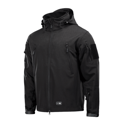 M-Tac Soft Shell Jakke med Liner i sort med aftagelig fleecefoer og flere lynlåslommer, ideel til dårligt vejr.