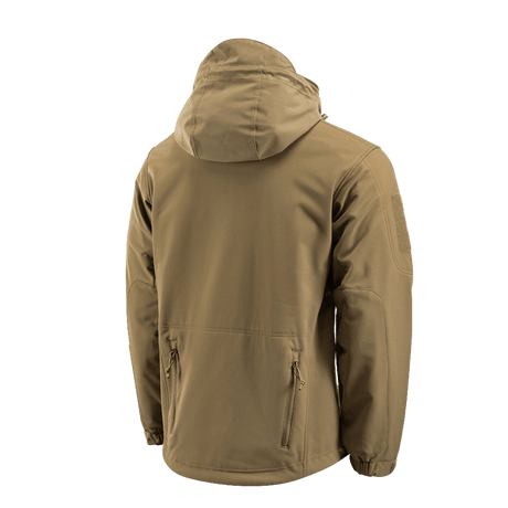 M-Tac Soft Shell Jakke med Liner set bagfra, beige jakke med aftagelig fleecefoer velegnet til dårligt vejr. Lav vægt og holdbar.