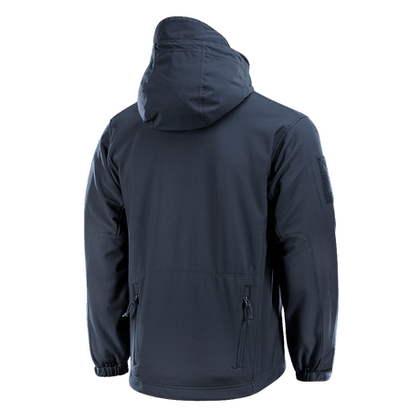 M-Tac Soft Shell Jakke med Liner set bagfra, blå vandtæt softshelljakke med aftageligt fleecefoer og hætte, ideel til dårligt vejr.