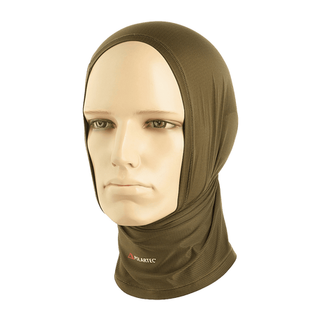M-Tac Polartec Vent Tube Scarf i brun farve vist som en ansigtsmaske, bæres af mannequin, fremstillet af Polartec® Power Dry® materiale