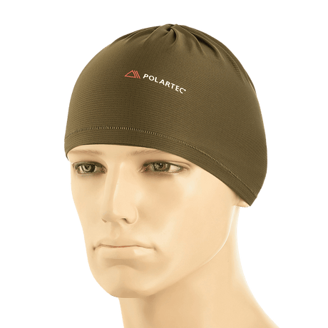 Polartec branded beanie cap displayed on a mannequin head in olive color.