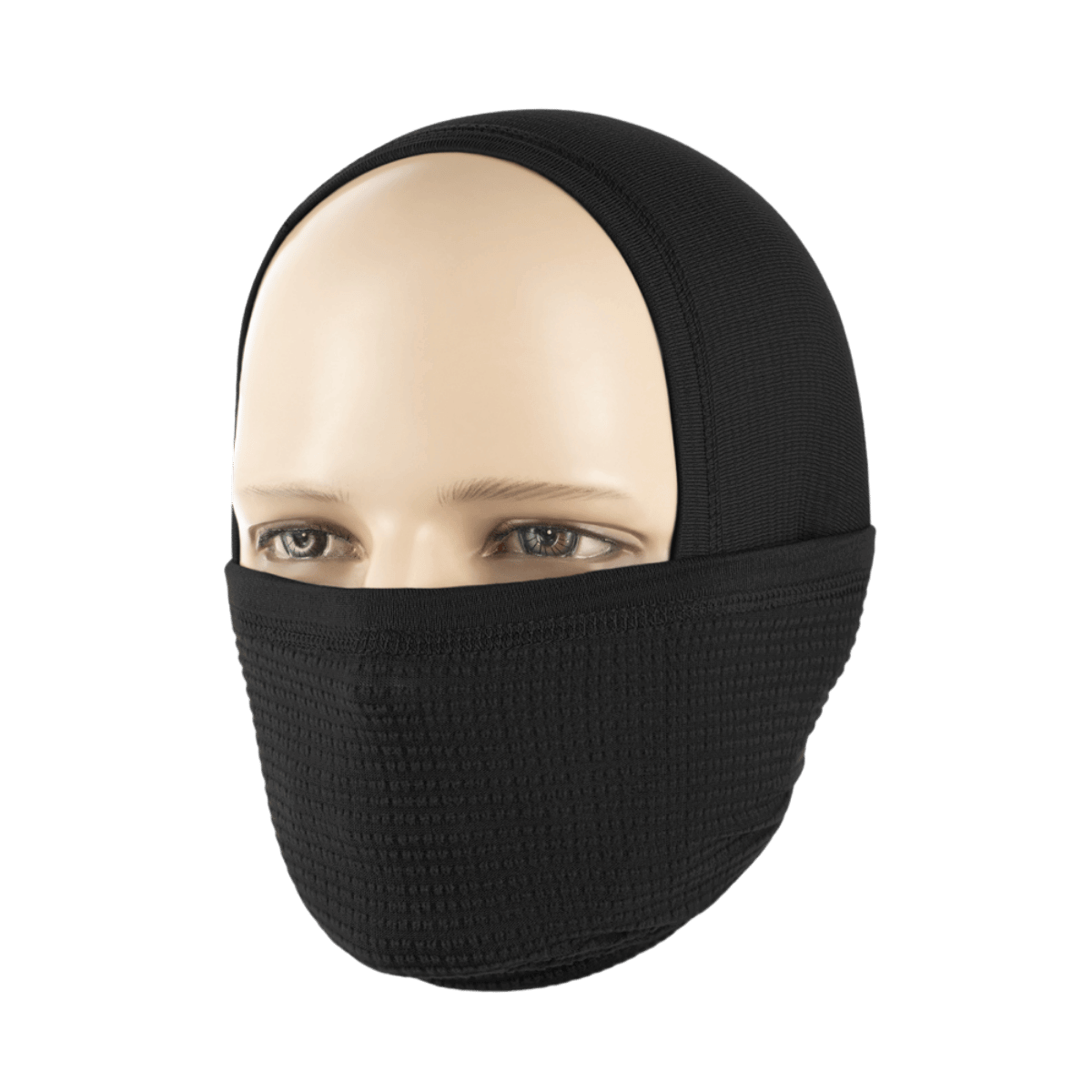 Person iført et M-Tac Tube Scarf Polartec Power Grid som en ansigtsmaske. Beskyttelse mod vind og kulde med stilfuldt design.