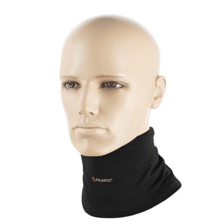 M-Tac Tube Scarf Polartec Power Grid i sort, slidstærkt fleece, vist som halsrør på mannequinhoved til beskyttelse mod kulde.
