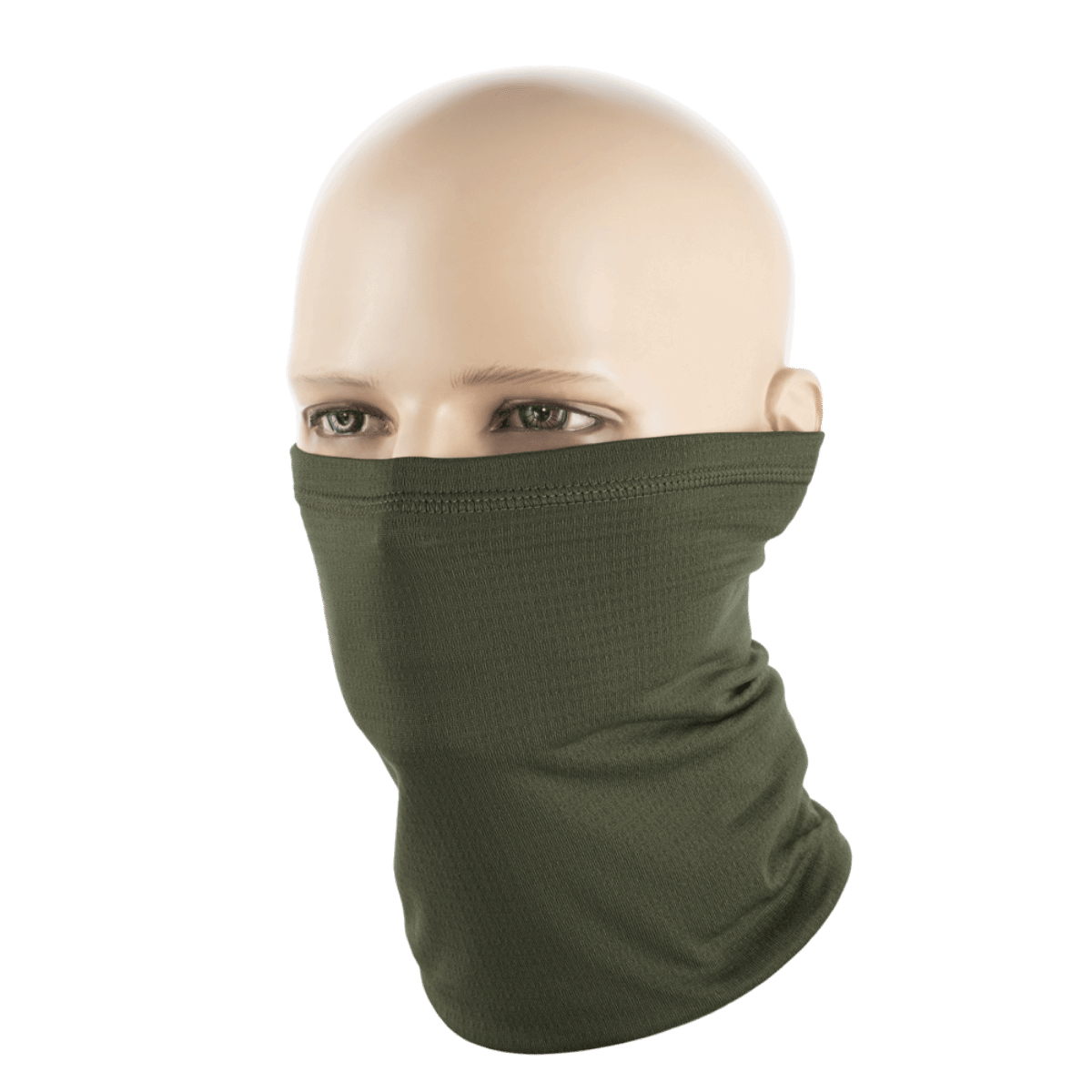 M-Tac Tube Scarf Polartec Power Grid i olivengrøn vist som ansigtsmaske på mannequin. Multifunktionelt og varmt halsrør.