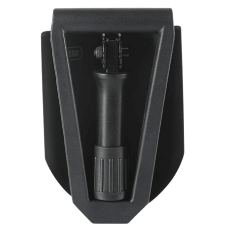 M-Tac Sammenklappelig Skovl med Etui i kompakt foldet position, praktisk til camping og outdoor eventyr.