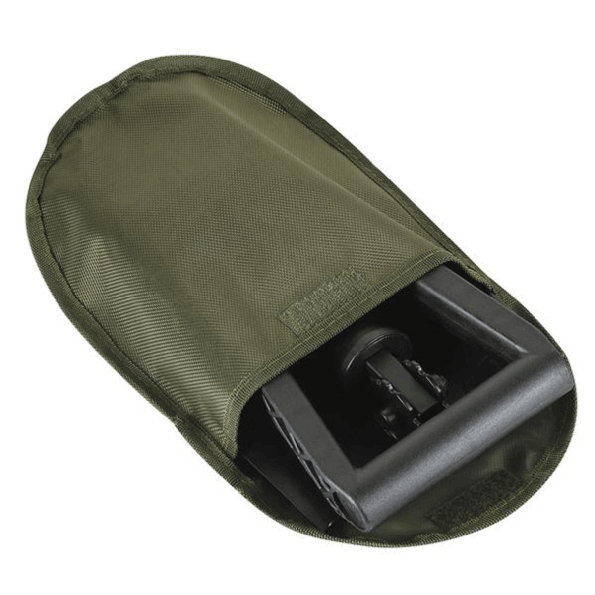 M-Tac Sammenklappelig Skovl med Etui i kompakt opbevaringstilstand, ideel til camping, outdoor og militær brug.