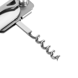 Rustfrit stål multifunktionsværktøj med proptrækker og knivblad, perfekt til camping og udendørs brug, set i nærbillede.