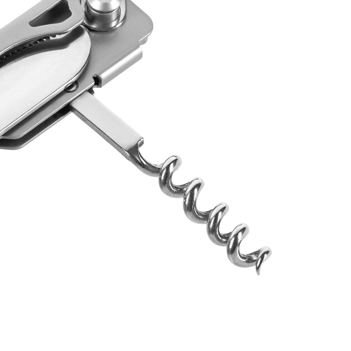 Rustfrit stål multifunktionsværktøj med proptrækker og knivblad, perfekt til camping og udendørs brug, set i nærbillede.