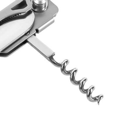 Rustfrit stål multifunktionsværktøj med proptrækker og knivblad, perfekt til camping og udendørs brug, set i nærbillede.