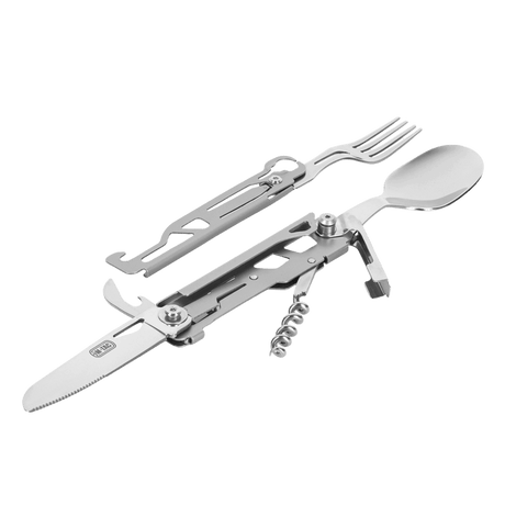 M-Tac Spork Bestiksæt med Karabinhage - praktisk feltbestik med ske, gaffel, kniv og flaskeåbner til camping og vandring.