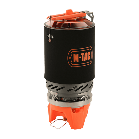M-Tac Gasbrænder med Kedel til udendørs madlavning - kompakt og pladsbesparende design med piezo-tænder og gasregulator.