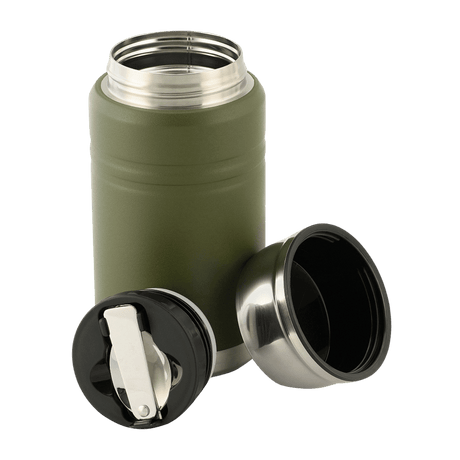 M-Tac Termoflaske 750 ml med Folde-ske i robust design, ideel til camping og vandreture. Dobbeltvæggede rustfrit stål for langvarig varme.