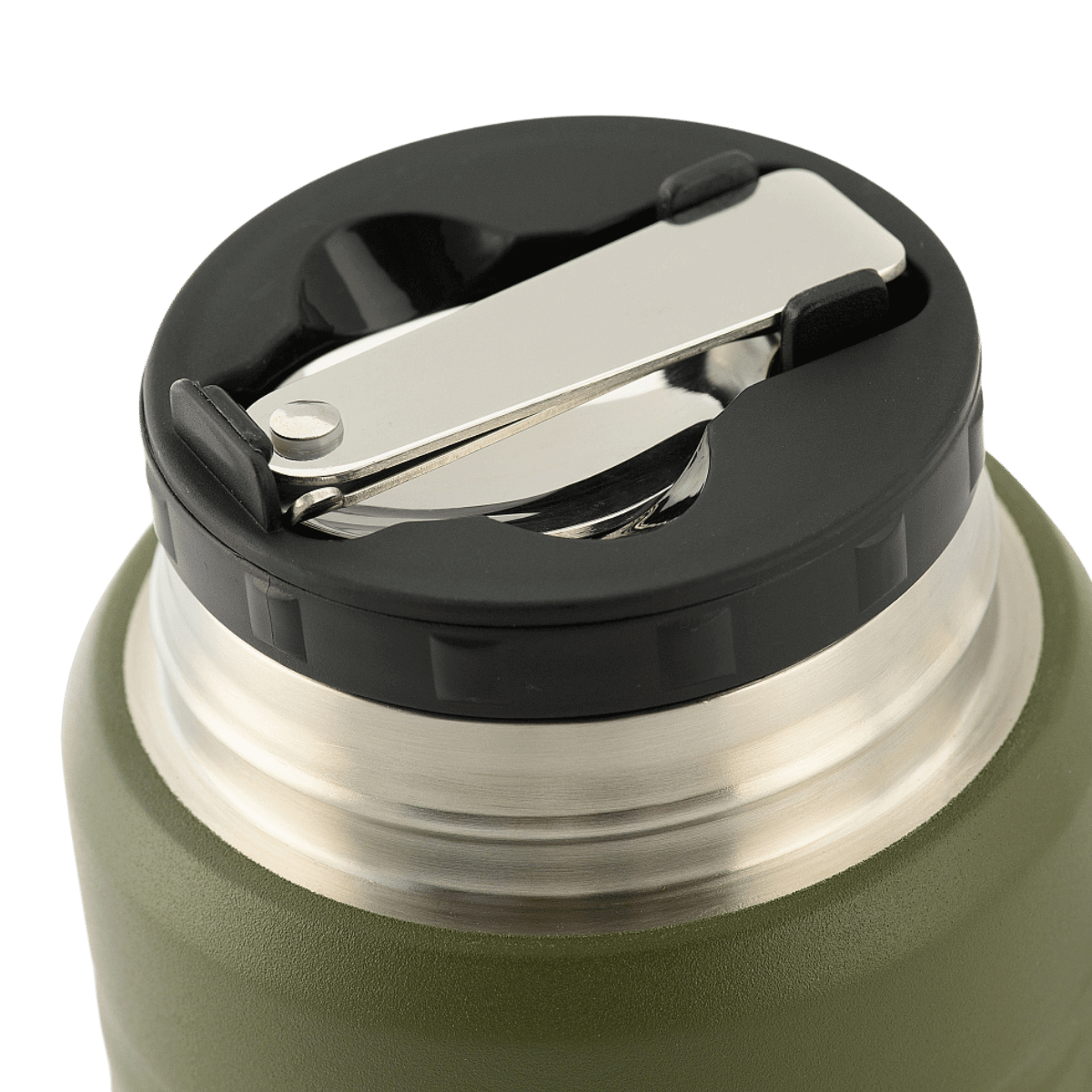 Låg af M-Tac Termoflaske 750 ml med Folde-ske, viser foldeske opbevaret i toppen for praktisk brug.