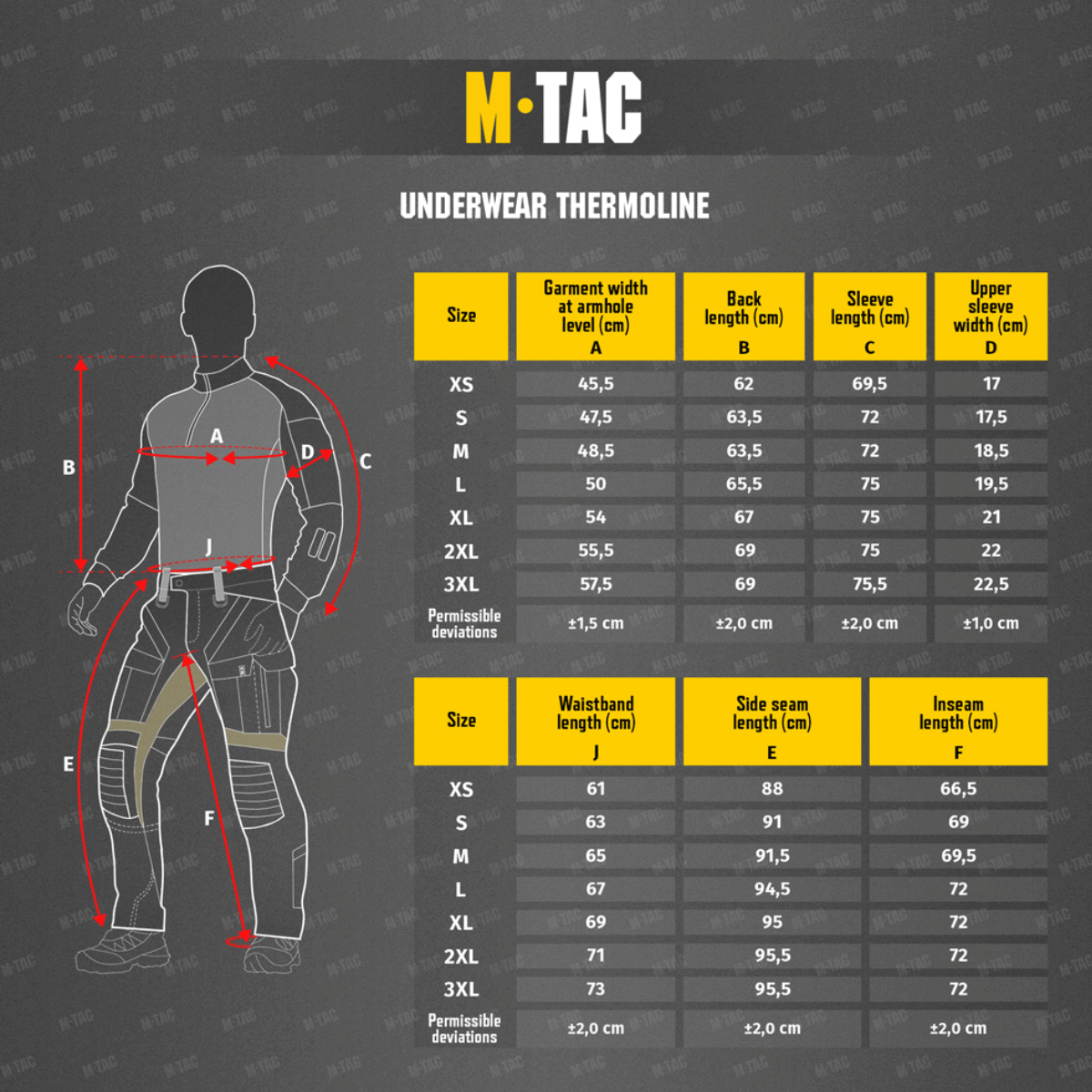 Størrelsesguide for M-Tac ThermoLine Termoundertøj med mål i centimeter for forskellige kropsdele og størrelser.