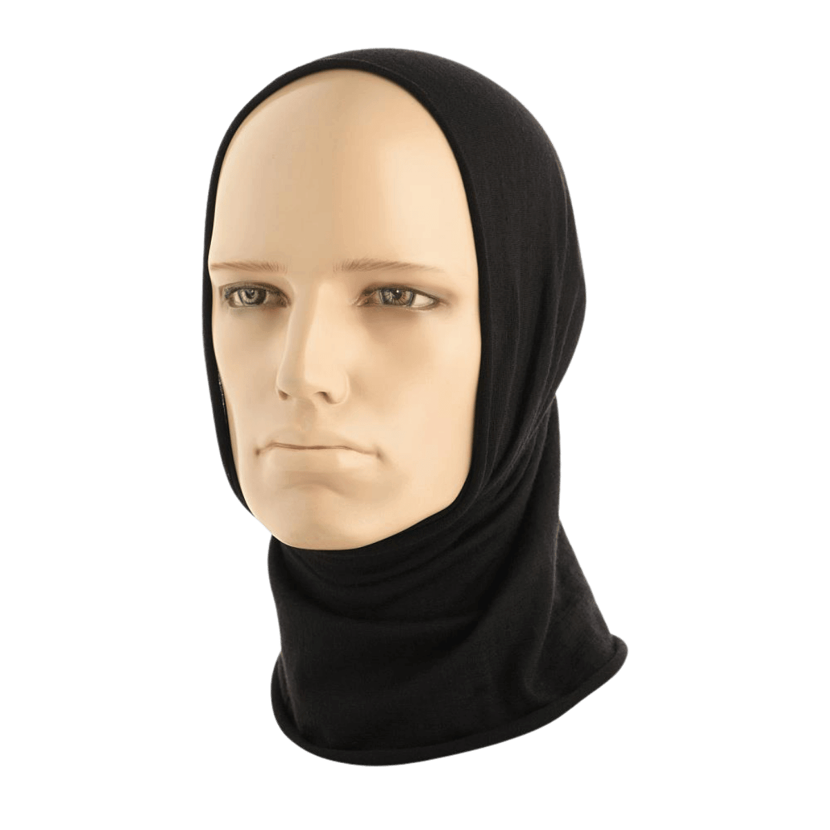 Mannequin iført M-Tac Tubehalstørklæde i Merinould, sort farve, viser multifunktionalitet som balaklava eller halstørklæde.