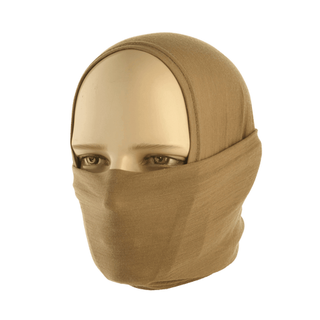 M-Tac Tubehalstørklæde i Merinould i brug som balaklava, lavet af australsk merinould for varmeisolering og komfort.