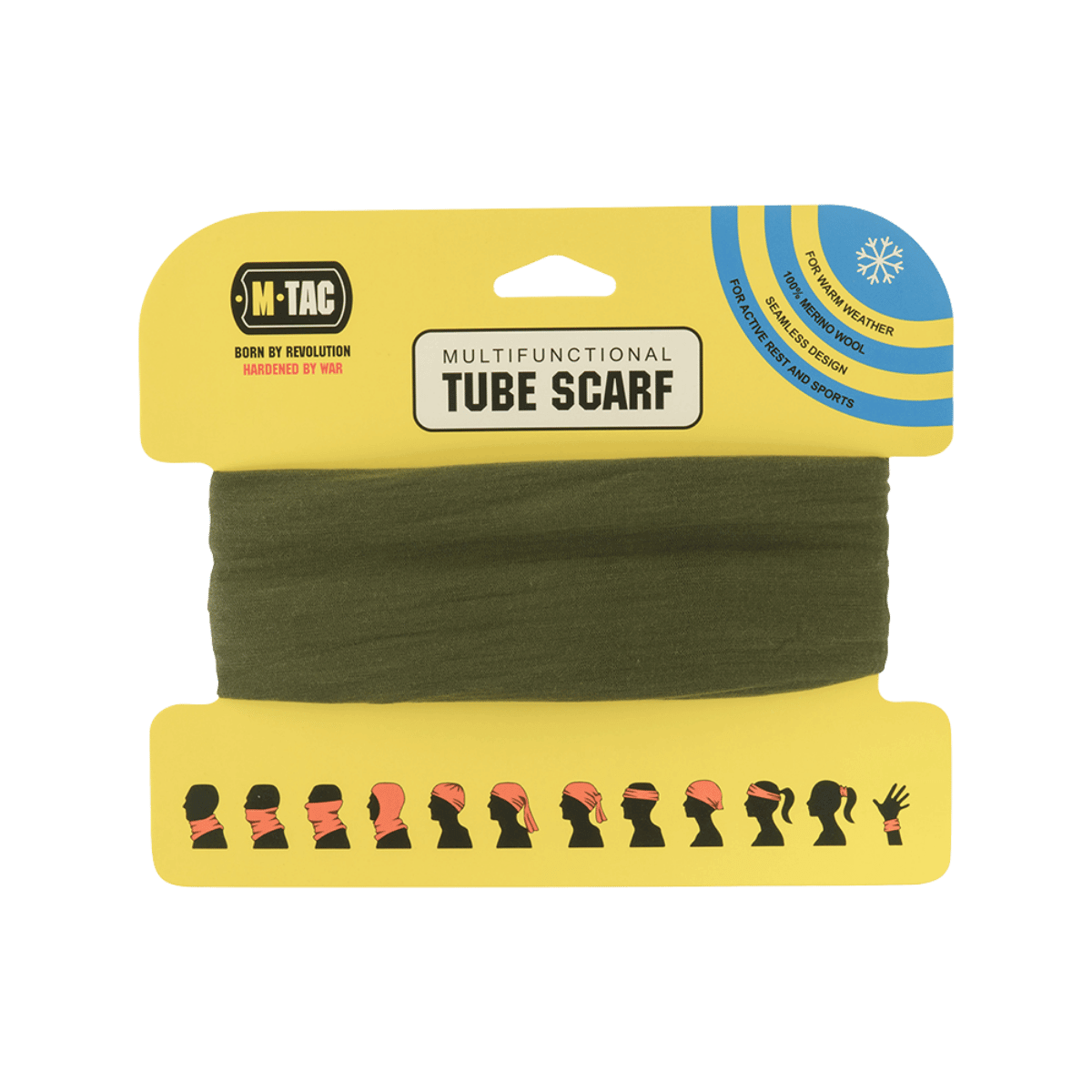 M-Tac Tubehalstørklæde i Merinould på produktemballage med multifunktionelle anvendelser vist på pakken.