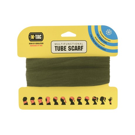 M-Tac Tubehalstørklæde i Merinould på produktemballage med multifunktionelle anvendelser vist på pakken.