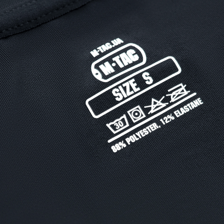 Etiketten på M-Tac Undertøj Active Level I viser materiale og plejeinstruktioner, fremstillet af 88% polyester og 12% elastan.