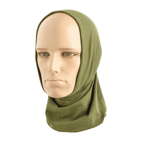 M-Tac Bomuld Tube Scarf i grøn på mannequin, multifunktionelt tilbehør til fritid og taktisk brug, 100% bomuld, hurtigttørrende.