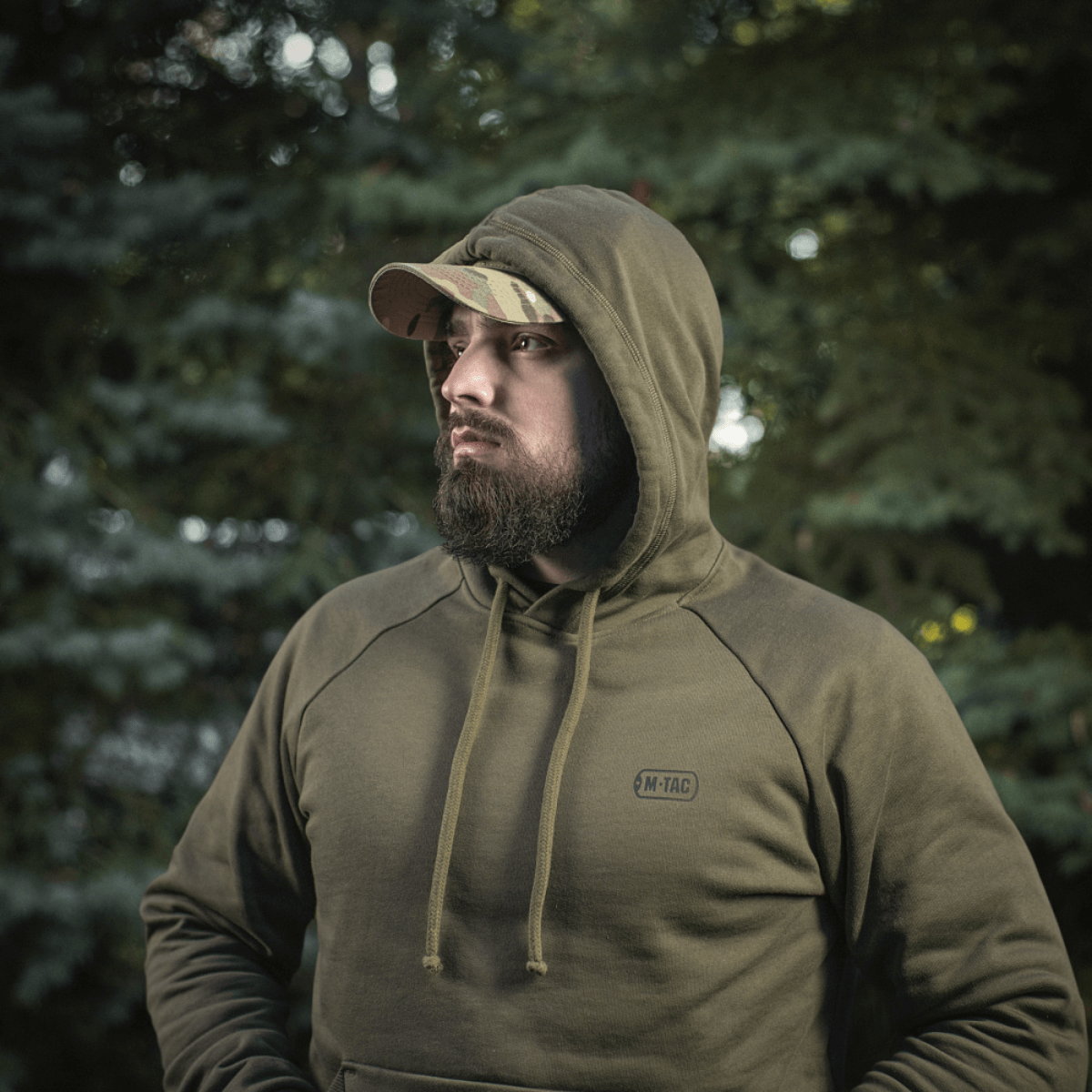 M-Tac Cotton Raglan Hard Hoodie i skov, 100% bomuld, fleecefor, varm hættetrøje til efterår, vinter og forår, stilfuld design med kængurulomme