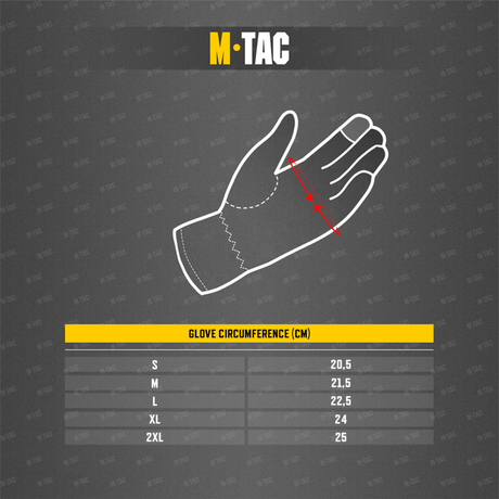 Størrelsesskema for M-Tac Fingerløse Handsker Assault Tactical Mk.1 med mål i cm for forskellige størrelser.