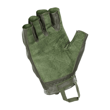 Grøn M-Tac Fingerløse Handsker Assault Tactical Mk.1 med forstærket læderhåndflade og velcrolukning.