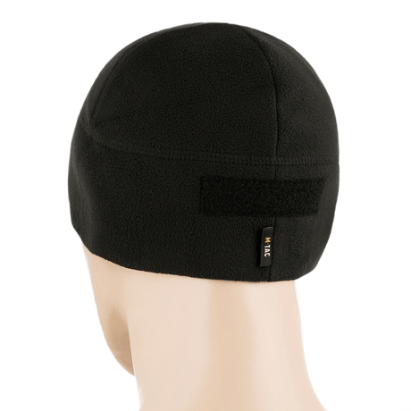 M-Tac Fleece Tactical Watch Cap Beanie m. Patch Panel i sort set bagfra, viser bagpanel til patches, perfekt til taktisk brug.