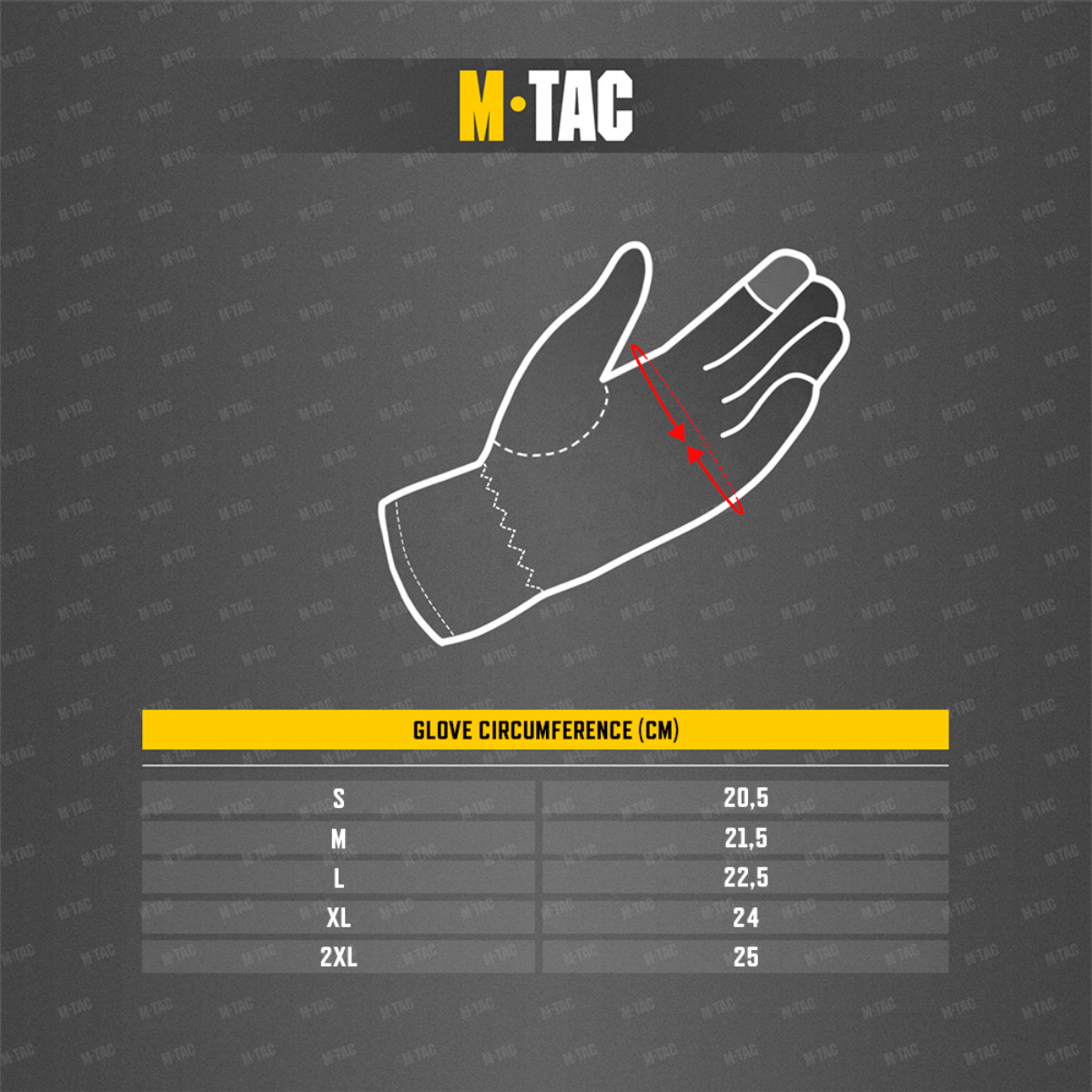 Diagram der viser M-Tac Handsker Fleece Thinsulate størrelsesguide med omkreds for S, M, L, XL og 2XL handske i centimeter.