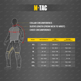Størrelsesguide for M-Tac Jakke Sturm Gen.II NYCO Extreme med målinger for krave, ærmelængde og brystomkreds i forskellige størrelser.