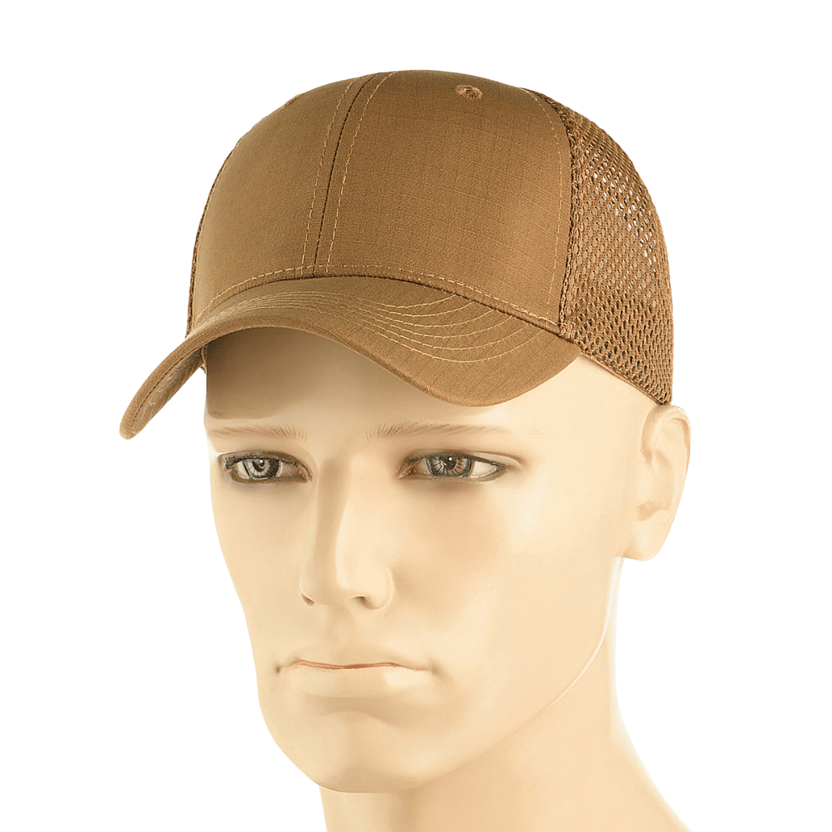 M-Tac Mesh Flex Ripstop Baseball Cap i brun med mesh panels, justerbar Velcro-strop, på mannequinhoved. Praktisk udendørskasket.