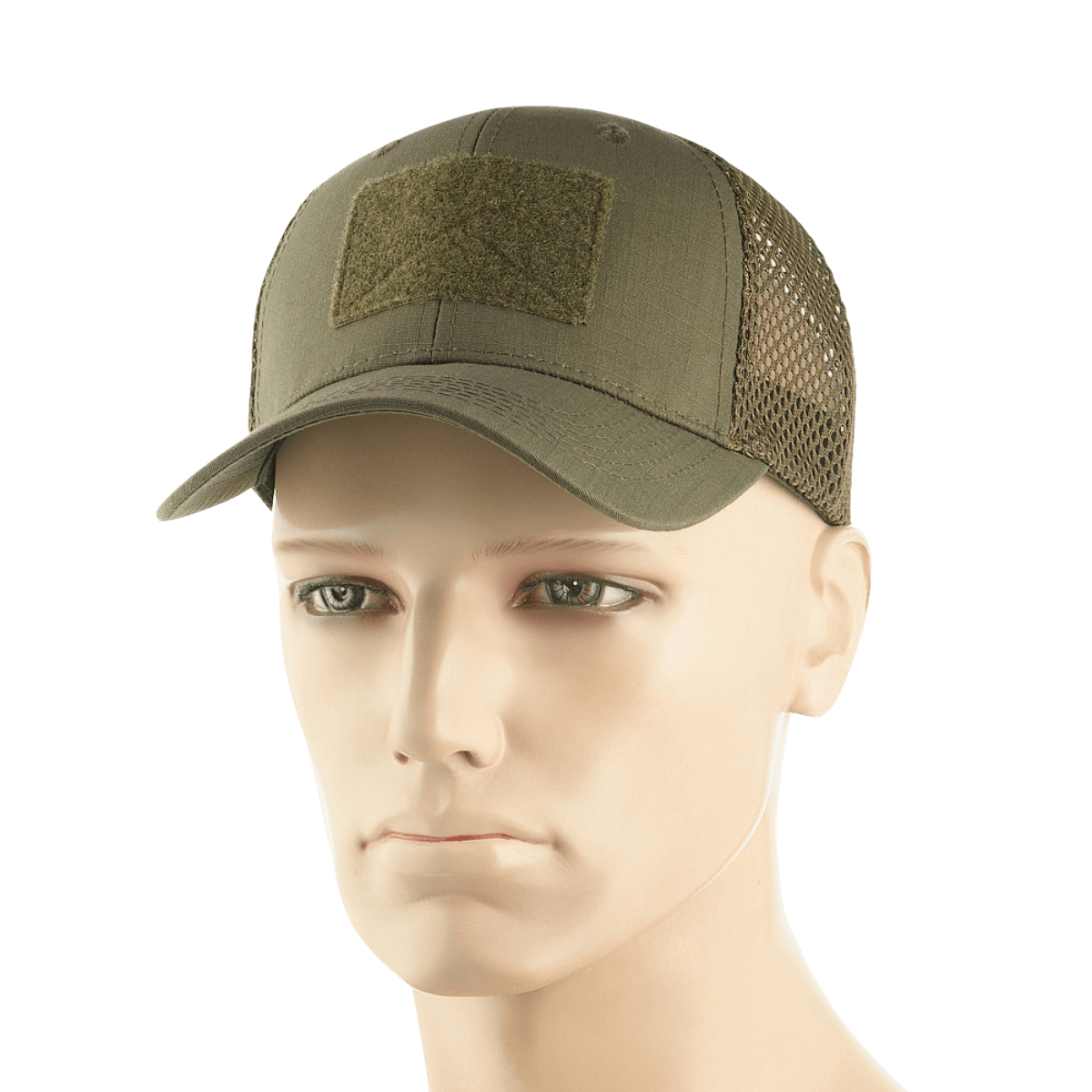 M-Tac Mesh Flex Ripstop Baseball Cap med Velcro på mannequin, designet til ventilation og holdbarhed, perfekt til sommer og taktisk brug.
