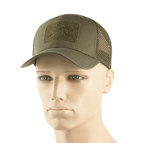 M-Tac Mesh Flex Ripstop Baseball Cap med Velcro på mannequin, designet til ventilation og holdbarhed, perfekt til sommer og taktisk brug.